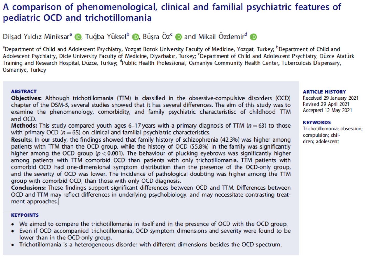 A comparison of phenomenological, clinical and familial psychiatric features of pediatric OCD and trichotillomania