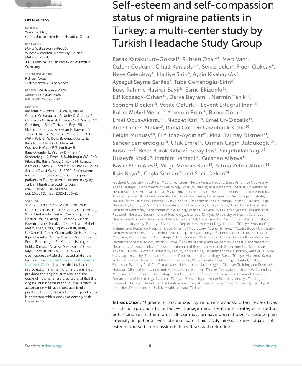 Self-esteem and self-compassion in migraine patients: multi-center study by Turkish Headache Group