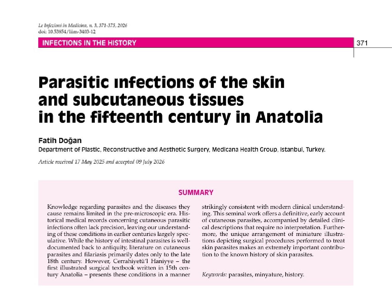 Parasitic ınfections of the skin and subcutaneous tissues in the fifteenth century in Anatolia