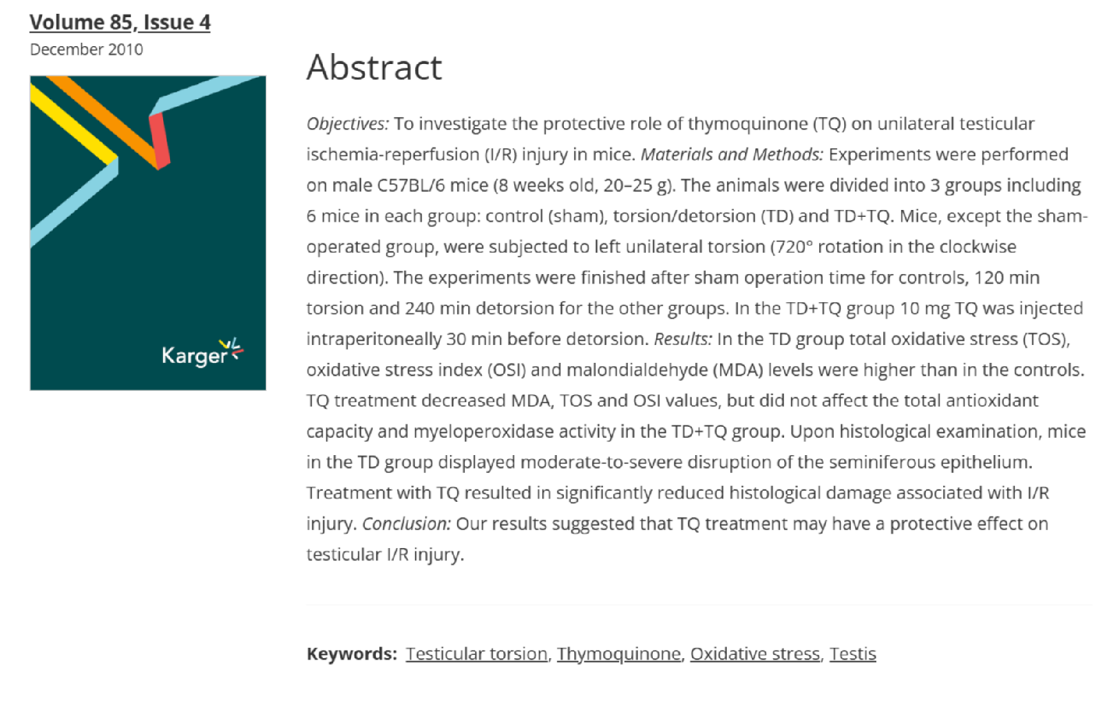 Protective Effect of Thymoquinone in Experimental Testicular Torsion (SCI-SCI EXPANDIE)