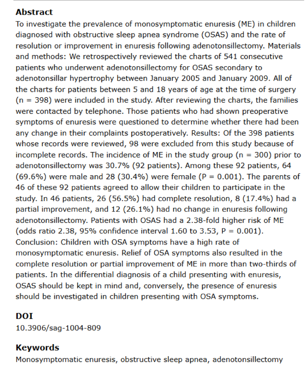 Improvement of monosymptomatic enuresis after adenotonsillectomy in children with obstructive sleep apnea syndrome(scı-scı expandıe)