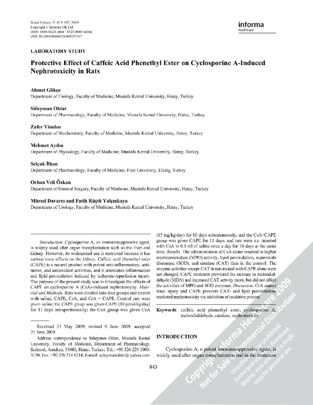 Protective Effect of Caffeic Acid Phenethyl Ester on Cyclosporine A-Induced Nephrotoxicity in Rats (SCI-SCI EXPANDIE)