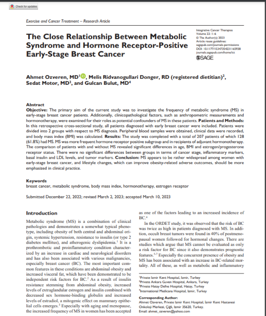 The Close Relationship Between Metabolic Syndrome and Hormone Receptor Positive Early Stage Breast Cancer