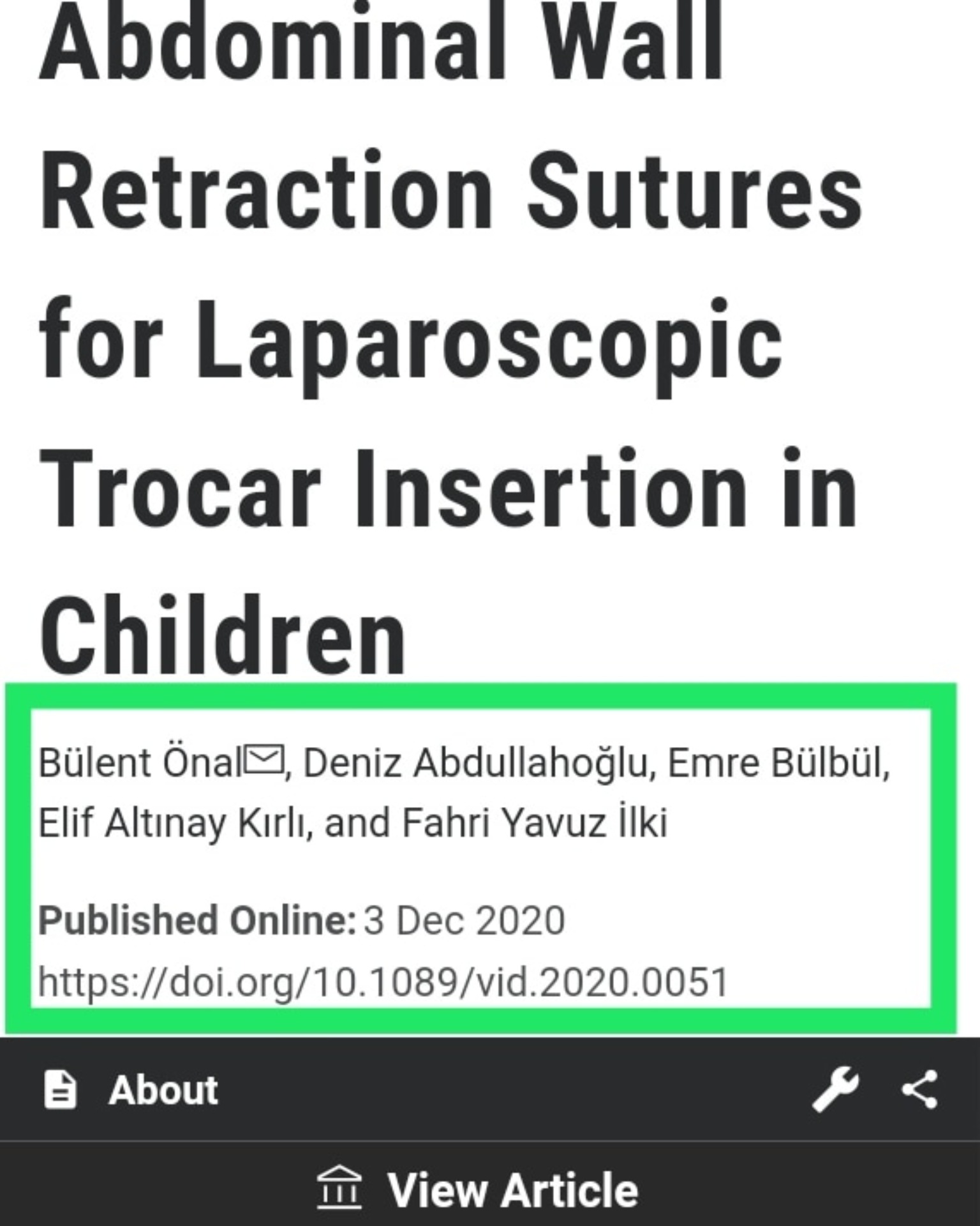 Abdominal Wall Retraction Sutures for Laparoscopic Trocar Insertion in Children makalesi