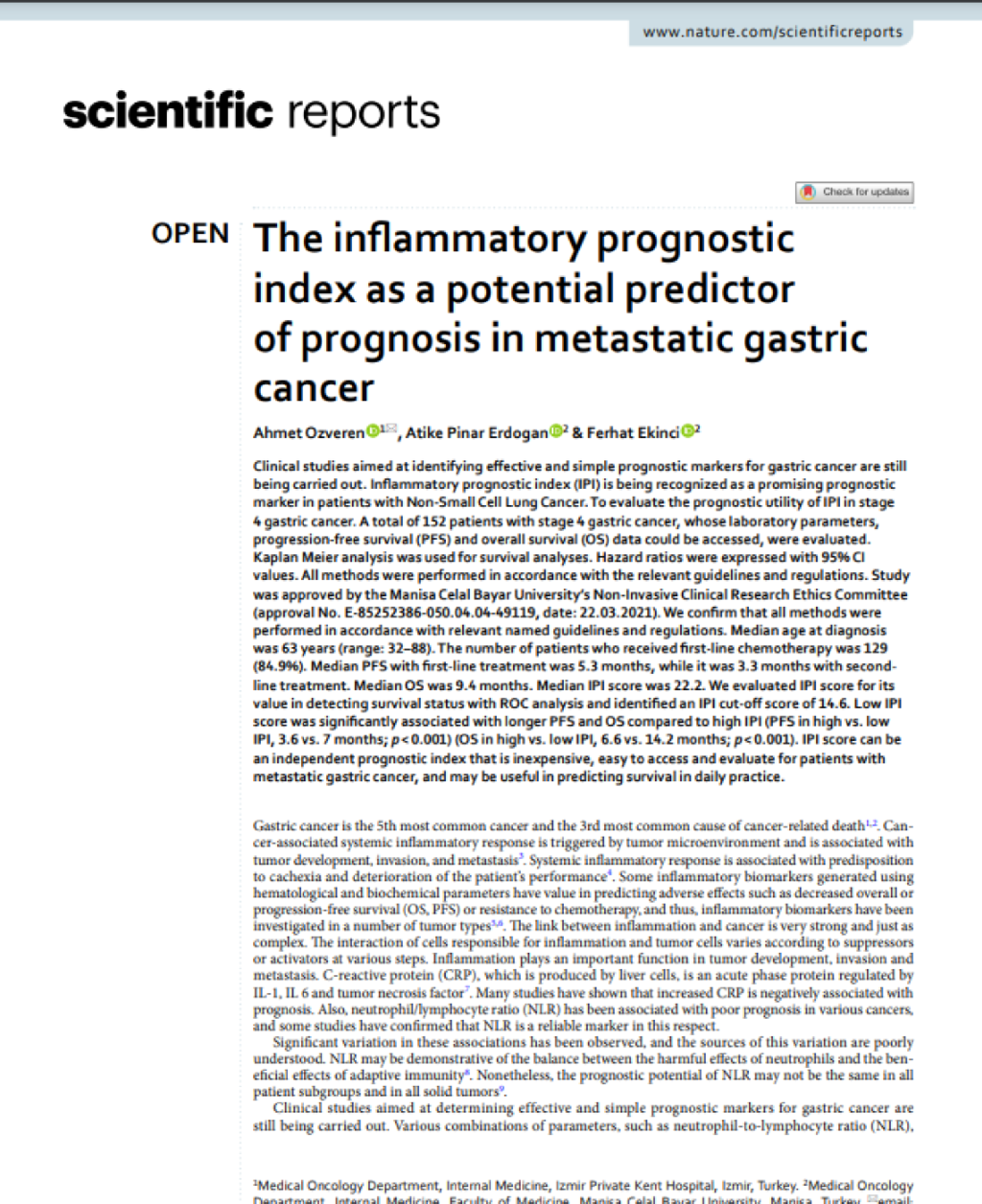 The inflammatory prognostic index as a potential predictor of prognosis in metastatic gastric cancer