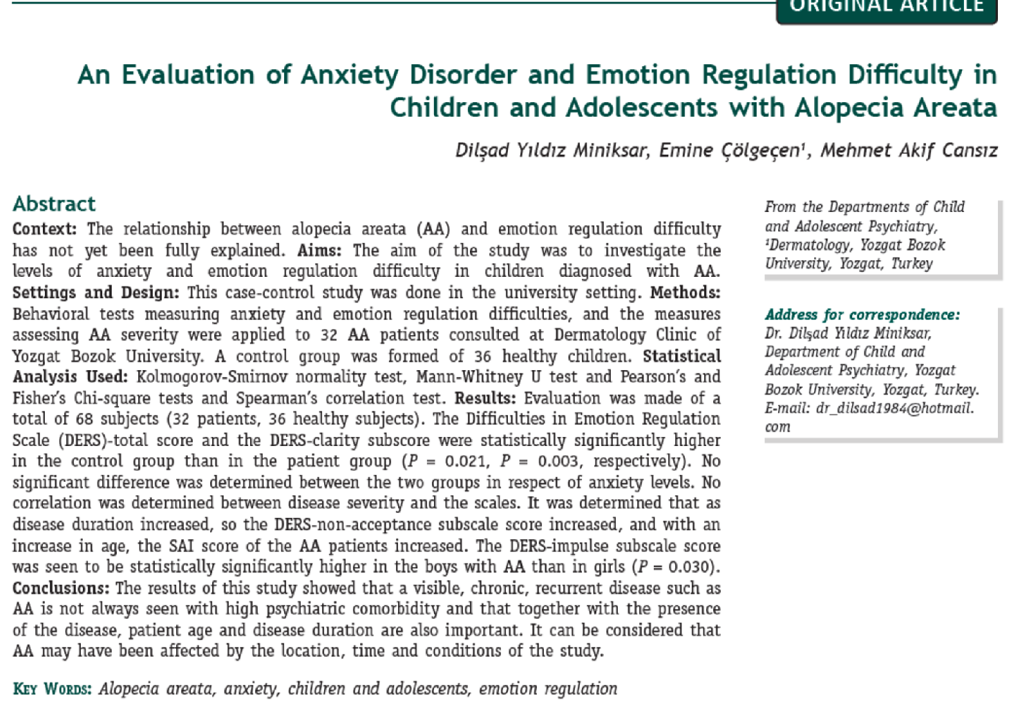 An Evaluation of Anxiety Disorder and Emotion Regulation Difficulty in Children and Adolescents with Alopecia Areata